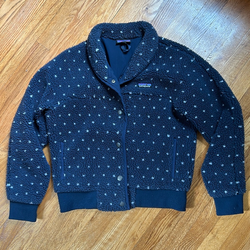 Patagonia Navy Blue Teddy Jacket with White Dots